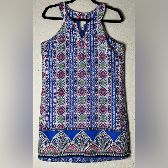 Pink Owl Blue Mini Dress with Geometric Patterns and Tank Top Style - Picture 2 of 6